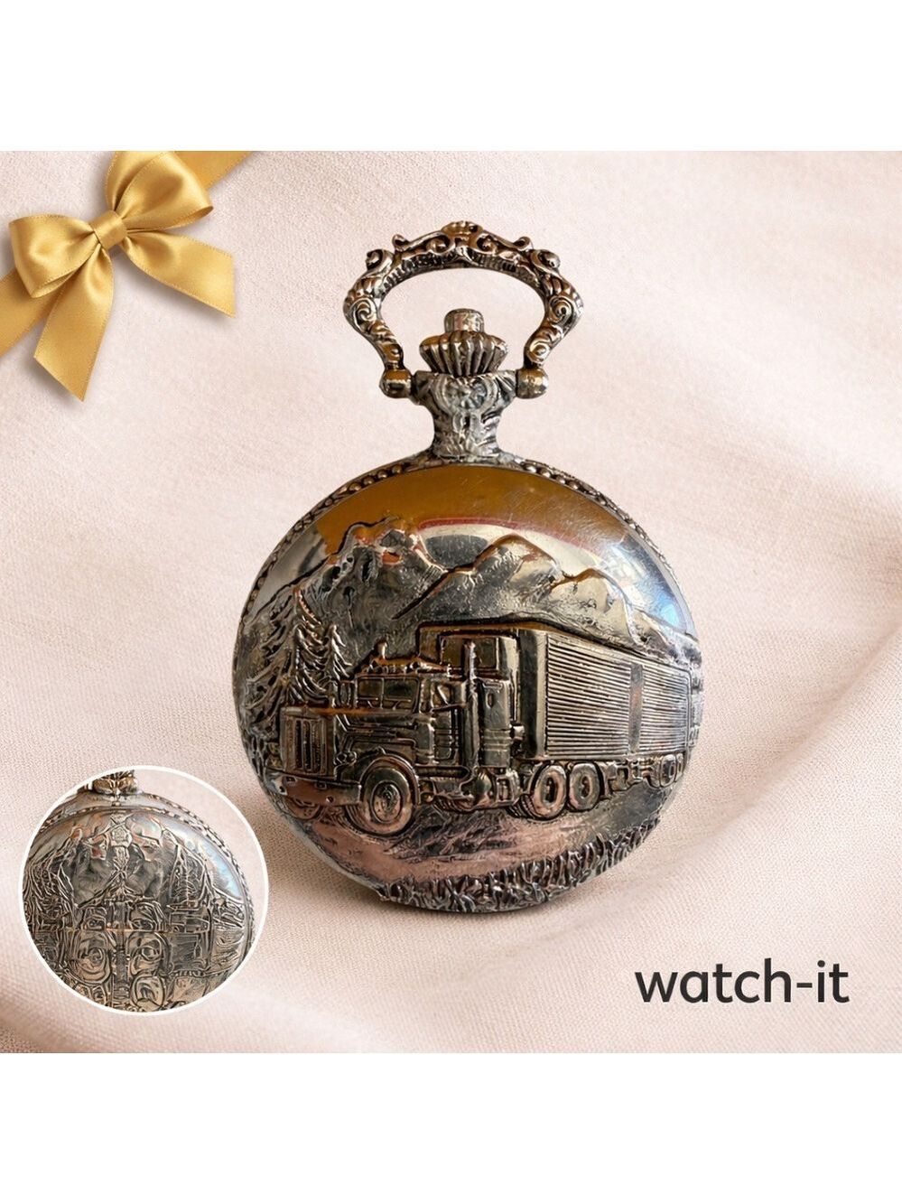Watch-It Quartz Pocket Watch Semi Truck Design Silver Tone Vintage Style
